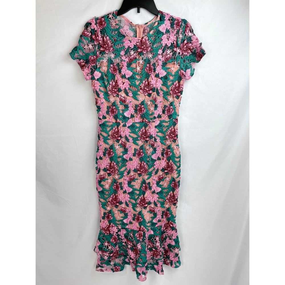 Vone Dress US 6 Lined Crochet Lace Floral Green Pink Short Sleeve Kava